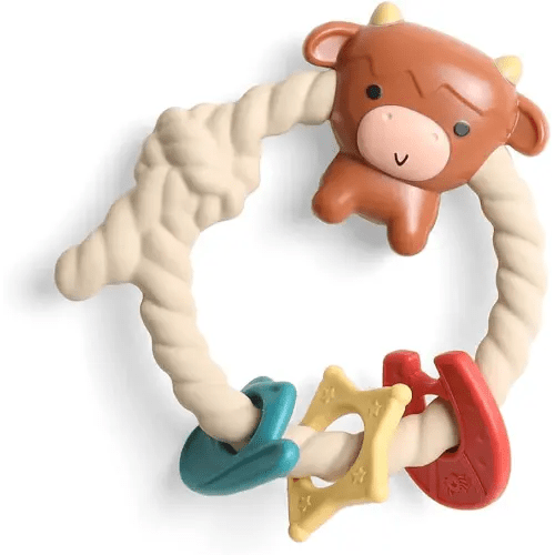 Itzy Ritzy Silicone Teether with Rattle; Rattle Teether Features Rattle Sound, Three Silicone Teething Rings and Raised Texture to Soothe Gums; Ages 3 Months and Up (Highland Cow)
