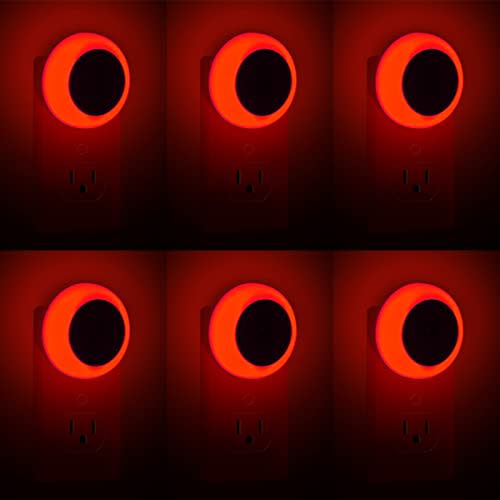 KINUR 6 Pack Red LED Plug into Wall with Dusk to Dawn sensors Plug in Night Lights for Kids Room, Bedroom, Bathroom, Baby Nursery,Stair Lights, Hallway Light