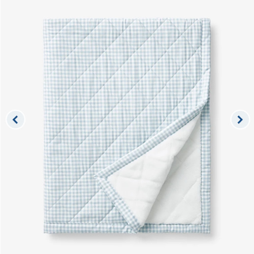 The Company Store - Ditsy Gingham Classic Cool Organic Cotton Percale Quilted Reversible Sherpa Stroller Blanket - Blue