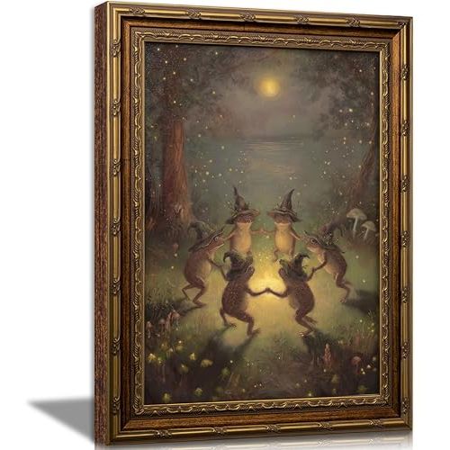 CXKAWM Vintage Gold Framed Whimsical Frog Canvas Wall Art 9x11in | Funny Halloween Frogs Dancing in Moonlight Forest Wall Decor Dark Academia Animal Poster Print for Living Room decoration