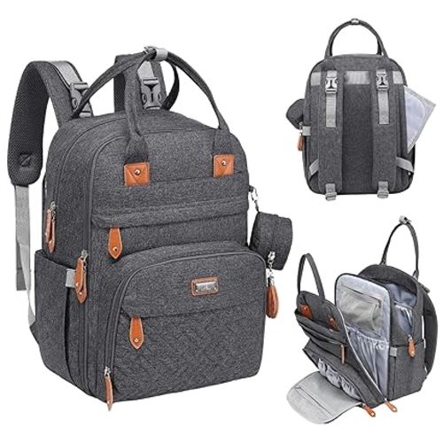 BabbleRoo Diaper Bag Backpack - Baby Essentials Travel Tote - Multi Function Water Resistant Diaper Bag, Travel Essentials Baby Bag with Changing Pad, Stroller Straps & Pacifier Case - Dark Gray