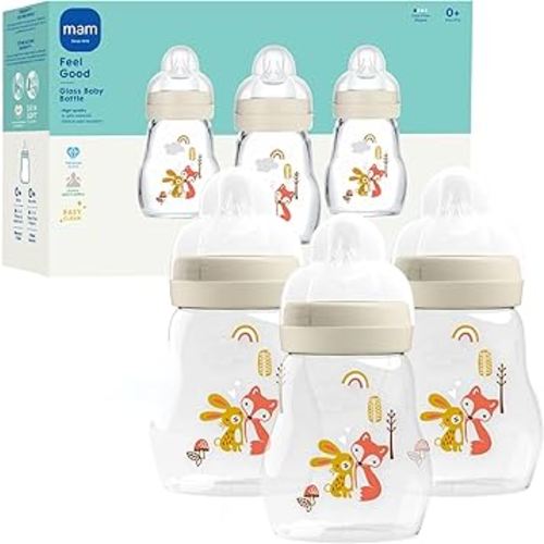 MAM Premium Glass Baby Bottles, Easy Switch Between Breast and Bottle, Feel Good Slow Flow, Newborn Essentials Must Have, 0+ Months, BPA Free, 6oz, Unisex, 3 Pack