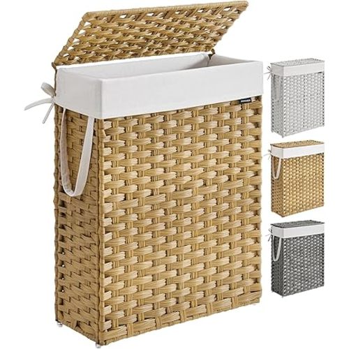 SONGMICS Slim Laundry Hamper with Lid, 14.5 Gallon (55L) Rattan Clothes Laundry Basket with Lid and Handles, Foldable, Removable Liner, Goose Yellow ULCB164N01