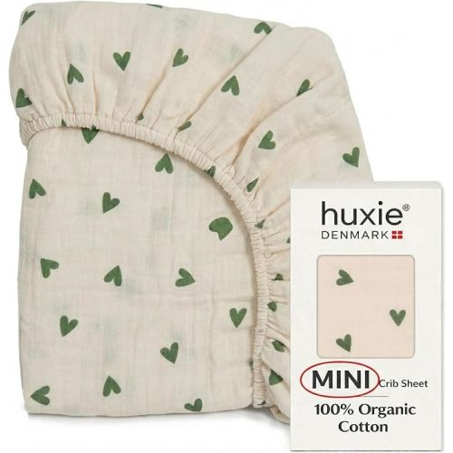 Mini Crib Sheets, 100% Organic Cotton Muslin, 24"x38" Pack n Play | GOTS-certified deep-pocket 360° fit, also fits bassinets, playards & portable cribs (Green Hearts)