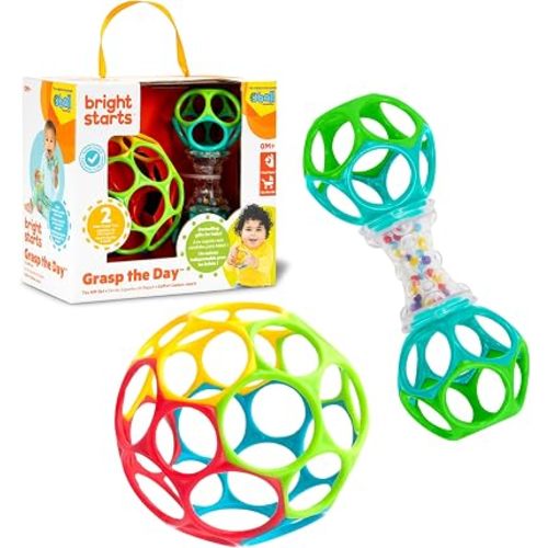 Bright Starts Easy-Grasp Oball Bundle Gift Set - Grasp The Day, Ball and Rattle Toys 2-Pack, BPA Free, Unisex, Newborn+