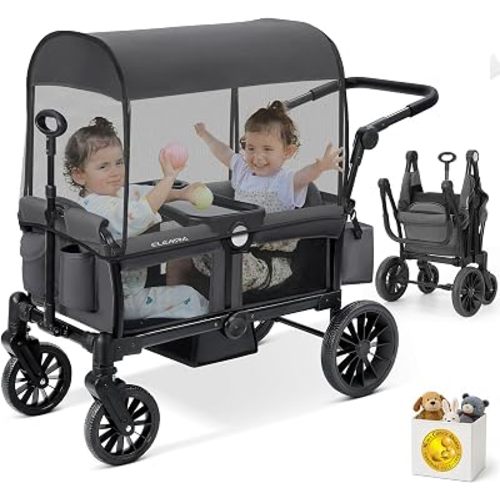 ELEMARA Foldable Wagon Stroller, Stroller Wagon for 2 Kids, Premium All Terrain Wagon for Kids with Removable Canopy, Adjustable Push/Pull Handle, Harnesses, Large Storage Bag, Grey