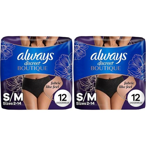 Always Discreet Boutique Incontinence and Postpartum Underwear for Women, Maximum Protection, Large, Black, 18 Count