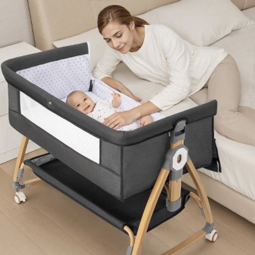 GOTGELIF 4-in-1 Baby Bassinet Crib with Adjustable Height, Bedside Sleeper, Rocking Mode & Mosquito Net