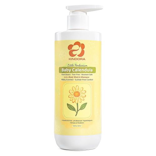 KINDORA 2-in-1 Baby Shampoo and Body Wash with Calendula & Oat – Gentle, Tear-Free & Hypoallergenic | Plant Based Cradle Cap Treatment | Organic, Vegan & Non-Toxic – 16.9 fl oz