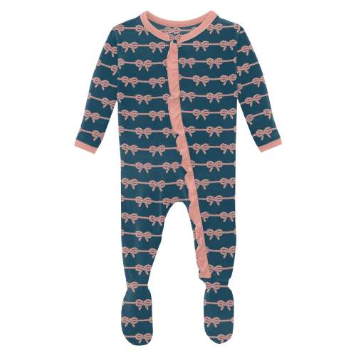 Print Layette Ruffle Footie with 2 Way Zipper in Peacock Boat Rope Bows