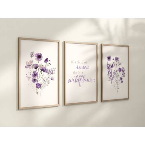 Set of 3 Boho Lavender Wildflowers Floral Art Prints, Leaf Art, Botanical,  Bloom Bouquet, Nursery Decor, Girl Baby Room Ideas 086