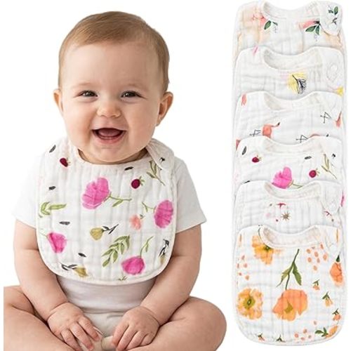 Zainpe 6Pcs Snap Muslin Cotton Bibs for Baby, Flamingo Star Flower Machine Washable Adjustable Burp Cloths with 6 Absorbent Soft Layers for Infant Newborn Toddler Drooling Feeding and Teething