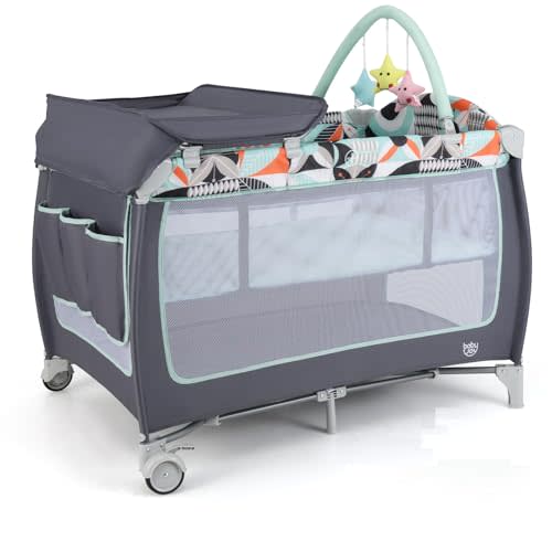BABY JOY 4 in 1 Pack and Play, Portable Baby Playard with Bassinet, Side Zipper Door, Changing Table, Indoor Outdoor Travel Nursery Center w/Hanging Bar, Lockable Wheels, Carry Bag
