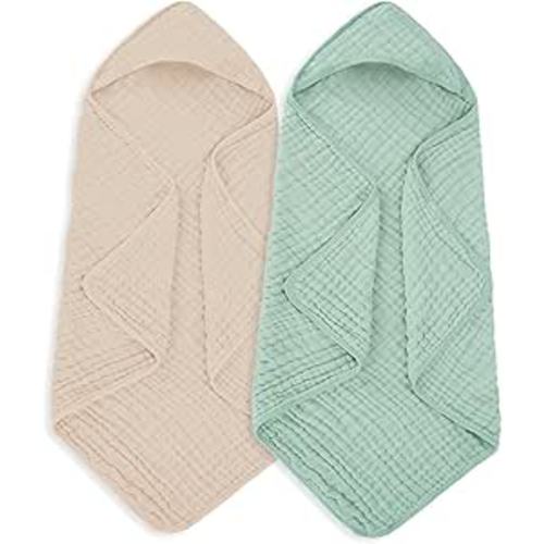 Muslin Hooded Baby Towels 100% Cotton ，Super Soft Muslin Baby Bath Towel - 32 x 32 Inches, Suitable for Newborn and Young Children up to 3 Years Old. (Beige & Green)