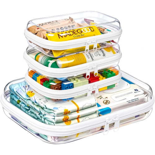 4 Pack Diaper Bag Organizer Pouches, Clear Hard Shell Zipper Cases for Baby Essentials, Toiletry Bag for Travel, Makeup Bag, Toy Storage Bins, Waterproof Storage Box for Pacifier Snacks Wipes Clothes