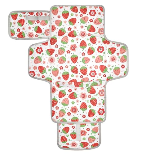 Portable Changing Pad for Baby - Strawberry Waterproof Diaper Changing Mat Travel Changing Pad with Built-in Pillow - Shower Gift for Baby