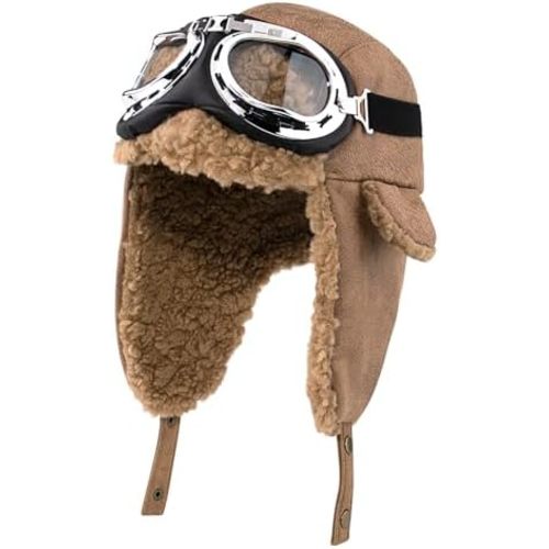 Peicees Aviator Hat and Goggles for Adult Kids Vintage Pilot Hat Costume Winter Trapper Hat with Fur Ear Flaps Fleece Lined