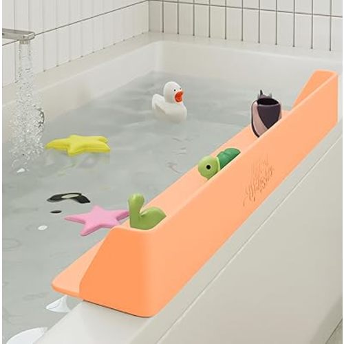 Original Little Splasher PlayPad, Bathtub Splash Guard Play Shelf - Toy Tray Caddy Holder Storage - Suction Cups Attach to Bath Tub - No Mess Water Spill in Bathroom for Toddlers Kids Baby (Orange)