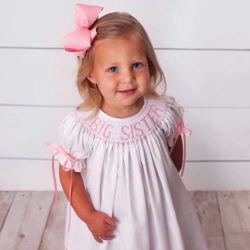 Smocked Big Sister Bishop Dress White with Pink Hand Smocking