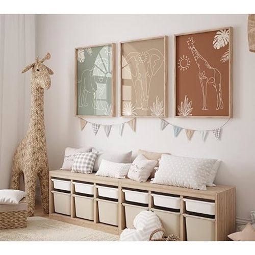 Safari Nursery Wall Art Pictures Baby Animal Canvas Wall Decor Boho Jungle Wall Art Kids Minimalist Poster Elephant Giraffe Lion Prints Nursery Safari Artwork for Bedroom 12x16 Inch Unframed Set of 3