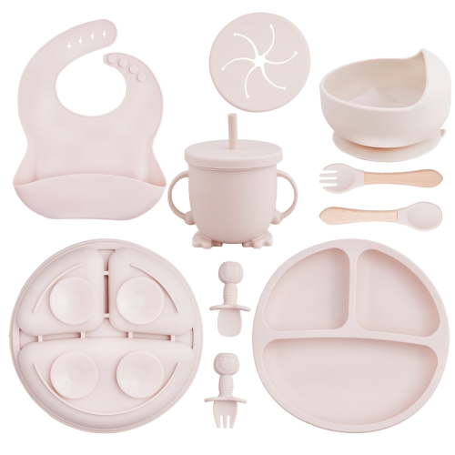 Lumikrypt Silicone Baby Feeding Set, 9 Pcs Baby Led Weaning Utensils, Baby Suction Bowl, Plates, Bib, Spoons Set, Sippy Cup with Straw, Baby Self Feeding Supplies Set (Beige)
