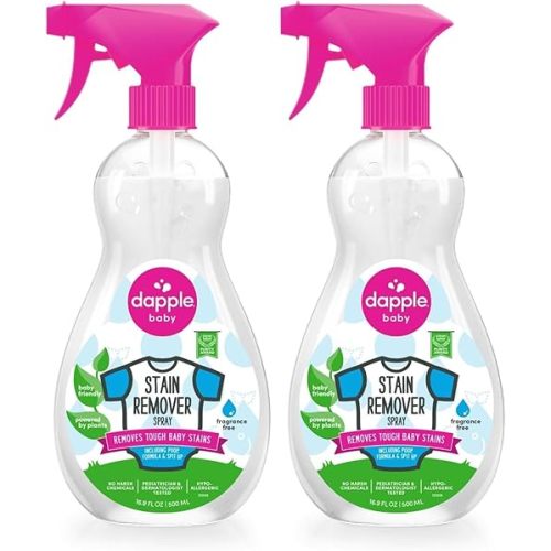 Stain Remover Spray by Dapple Baby, Fragrance Free, 16.9 Fl Oz Spray Bottle - Plant-Based & Hypoallergenic - Baby Laundry Stain Remover for Clothes & Cloth Diapers (Pack of 2)