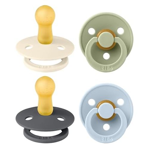 BIBS Color Pacifiers 4-Pack | BPA Free Soother Pacifier | Round Nipple | Natural Rubber Latex | Made in Europe | Size 0-6 Months | Iron Mix