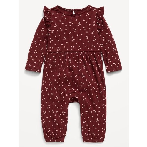 Printed Long-Sleeve Ribbed Ruffle-Trim Jumpsuit for Baby