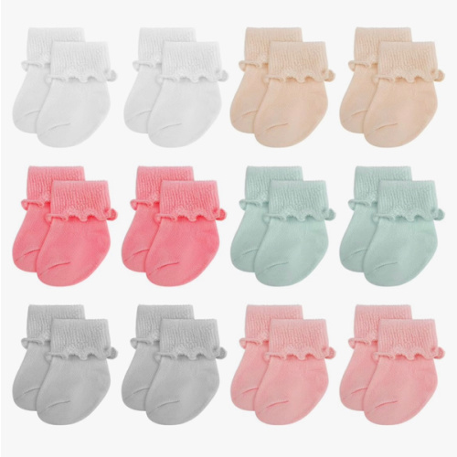 12 Pairs PREEMIE Baby Ankle Socks Ruffle Turn Cuff Cotton Non-slip Warm Socks for Girls Infant