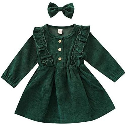 Karuedoo Kids Toddler Baby Girl Corduroy Ruffle Long Sleeve Dress Princess Party Dress Fall Winter Skirt Outfit