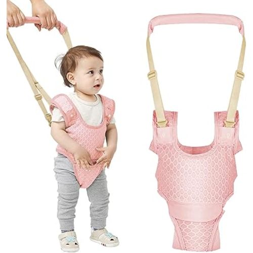 Baby Walking Harness, Handheld Kids Walker Helper with Detachable Crotch Adjustable Walker Harness Assistant Belt Baby Learning Walk Toddler Infant Walker 9-24 Months (Breathable Pink)