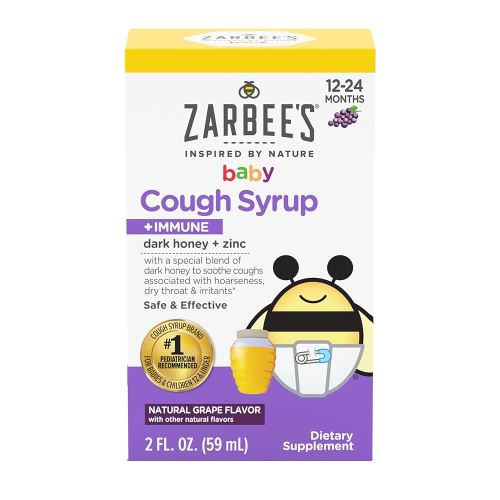 Zarbee's Baby Honey Cough Syrup + Immune for Babies 12-24 Months, Safe & Effective Cough Syrup with Soothing Dark Honey & Zinc for Immune Support*, Drug & Alcohol-Free, Grape, 2 fl. Oz