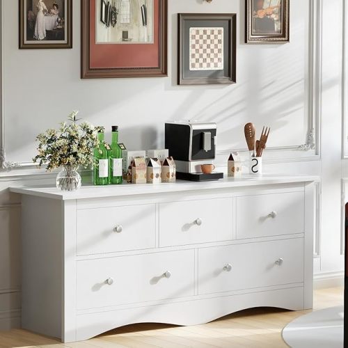 Furmax 5 Dresser for Bedroom, Wood Dresser, Chest of Drawers, for TV up to 65 inch, TV Stand Storage Chest of Drawers for Hallway, Entryway, Living Room (White)