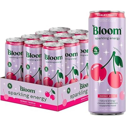 Bloom Nutrition Sparkling Energy Drink - Natural Caffeine, Zero Sugar, 180mg Caffeine - Antioxidant-Rich with Green Coffee Bean, Green Tea Extract, Prebiotics - Shirley Temple- 12oz 12 Pack
