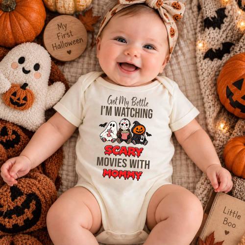 Get My Bottle I’m Watching Scary Movies With Daddy Mommy Baby Bodysuit, Funny Halloween Baby Outfit, Spooky Season Baby Gift