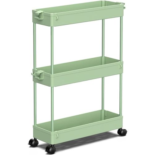 SPACEKEEPER Slim Rolling Storage Cart, 3 Tier Bathroom Cart Organizer,Green