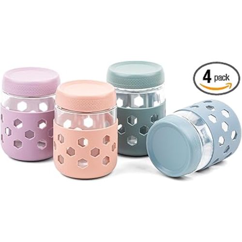 16oz Overnight Oats Containers with Silicone Sleeves, 4-Pack Wide Mouth Glass Mason Salad Jars with Airtight Lids, BPA-Free Dishwasher Safe Leak-Proof Chia Seed Pudding Jar Meal Prep Container