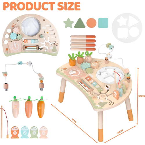 Wooden Activity Table, 9-in-1 Montessori Sensory Play Table with Shape Sorter Fishing Game Bead Maze, Baby Activity Center Learning Toys for Toddler