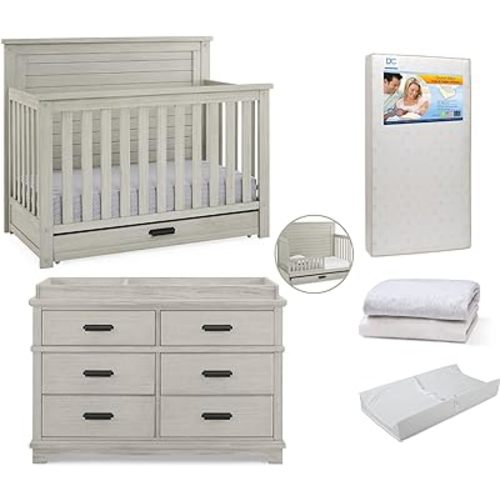 Delta Children Caden Crib 7-Piece Baby Nursery Furniture Set–Includes: Convertible Crib, Dresser, Changing Top, Crib Mattress, Sheets, Toddler Guardrail & Changing Pad, Rustic Mist