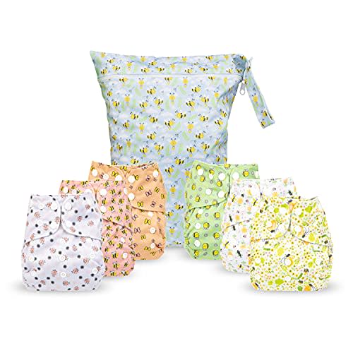 Simple Being Reusable Cloth Diapers, Double Gusset, One Size Adjustable, Washable Soft Absorbent, Waterproof Cover, Eco-Friendly Unisex Baby Girl Boy, six 4-Layers Microfiber Inserts (Bugs)