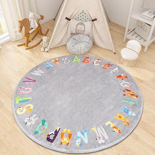 Round ABC Kids Rug,4 ft Animal Alphabet Playroom Rug,Washable Non-Slip Cute Nursery Rug for Kids Room,Educational Kid Play Mat Classroom Carpet for Playroom Kid Room Bedroom Decor