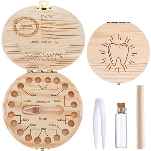 Baby Tooth Fairy Box Baby Tooth Keepsake Box for Lost Tooth Tooth Holder for Kids Wooden Kids Keepsake Organizer Cute Children Tooth Container with Tweezers for Boy Girl Shower Birthday Gift