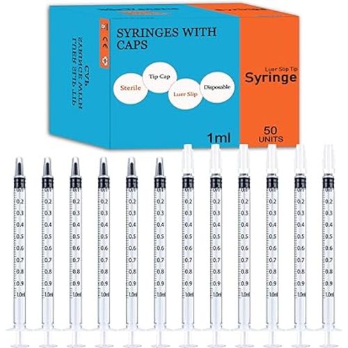 50 Pcs 1ml Syringes with Caps Oral Dispenser 1cc Plastic Small Syringes for Colostrum Collect Feeding Pets, Liquid Individually Sterile Warpped