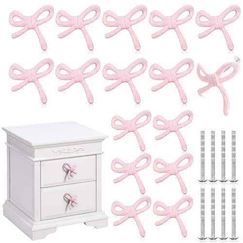 MorningRo 8 Pcs Bow Knobs for Dresser Matel Bow Drawer Knobs Vintage Dresser Handles Cabinet Drawer Pulls for Home Bedroom Kitchen Cabinets Hardware Cupboard (Pink,Classic Style)