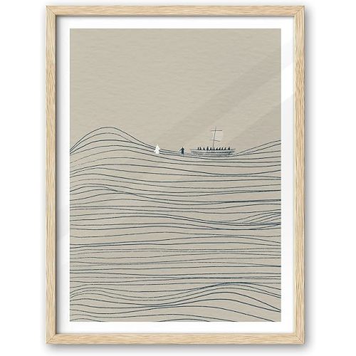 iHery Natural OAK Wood Jesus and Peter Walk on Water Framed Wall Art, 12x16 in Modern Sketch Bible Verses Canvas Art Decor, Beige Logs Boho Scripture 1Pack for Living Room Bedroom