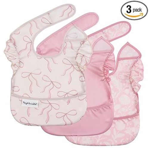 Tiny Twinkle Mess-Proof Baby Bibs for Eating | Waterproof, Wipeable Toddler Bibs with Catch-All Pocket | Feeding Bibs for Girls & Boys(3 Pack,Toile,Bows)