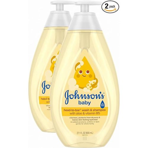 Johnson's Baby Head-To-Toe Baby Wash&Shampoo + Aloe&Vitamin B5, 2-in-1 Bath Wash Gently Cleanses Newborn's Delicate Skin&Hair,Hypoallergenic,No Added Parabens,Dyes-&Sulfates, 27.1 fl. Oz (Pack of 2)