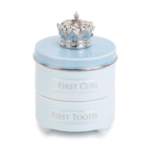 DEMDACO Blue Prince Crown First Tooth and Curl Keepsake Box, Ceramic | Baby Milestone Box for First Tooth and Curl, Ceramic Compartments, Decorative and Elegant, Keepsake, Baby Shower