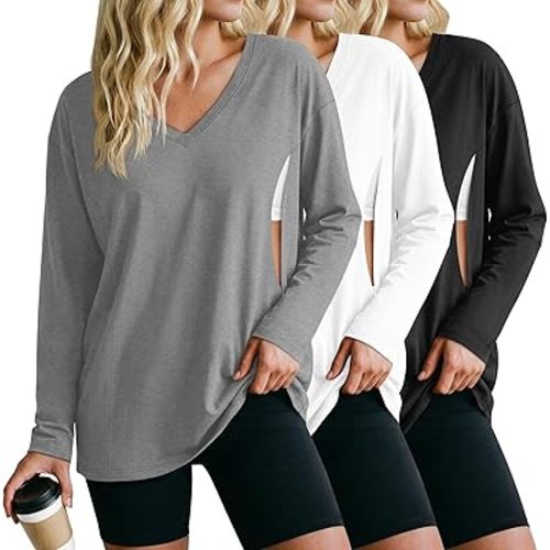 3 Pack Women's Oversize Nursing Shirts for Breastfeeding with Hidden Zippers Loose Fit Long Sleeve Maternity Tops