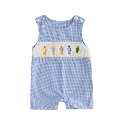 Arvbitana Newborn Baby Boys Sleeveless Seersucker Romper One Piece Straps Overalls Striped Jumpsuit Summer Smocked Clothes